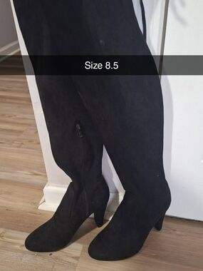 Classic Black Suede Knee-High Heeled Boots - Women's